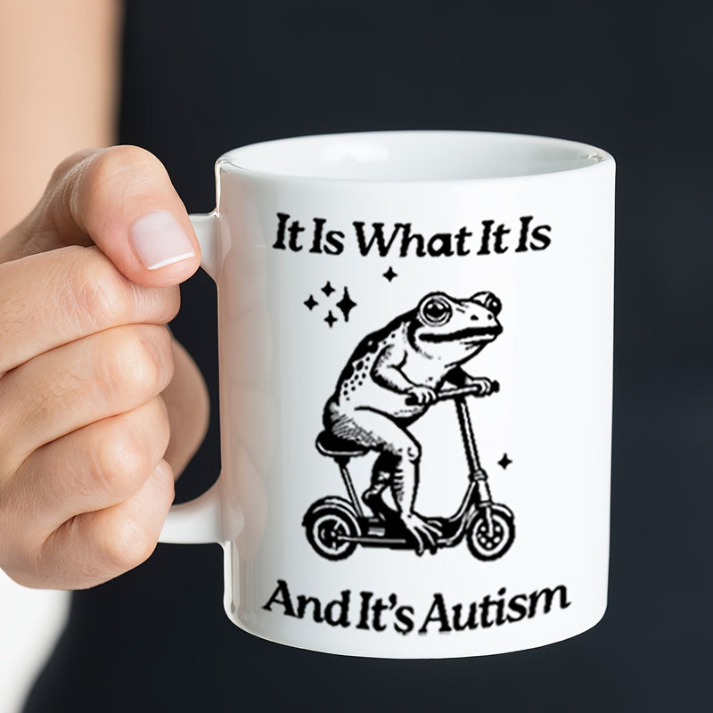 Tailorly White Ceramic 11 oz Mug - It Is What It Is And Its Autism Retro Vintage Illustration Of A Cute Small Frog Riding A Scooter Frog