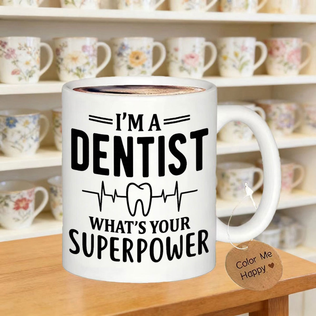 Tailorly White Ceramic 11 oz Mug - Im A Dentist Whats Your Superpower Minimalist Black Line Dental Art With Heartbeat And Professional Tooth Mug