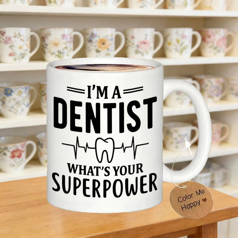 Tailorly White Ceramic 11 oz Mug - Im A Dentist Whats Your Superpower Minimalist Black Line Dental Art With Heartbeat And Professional Tooth Mug