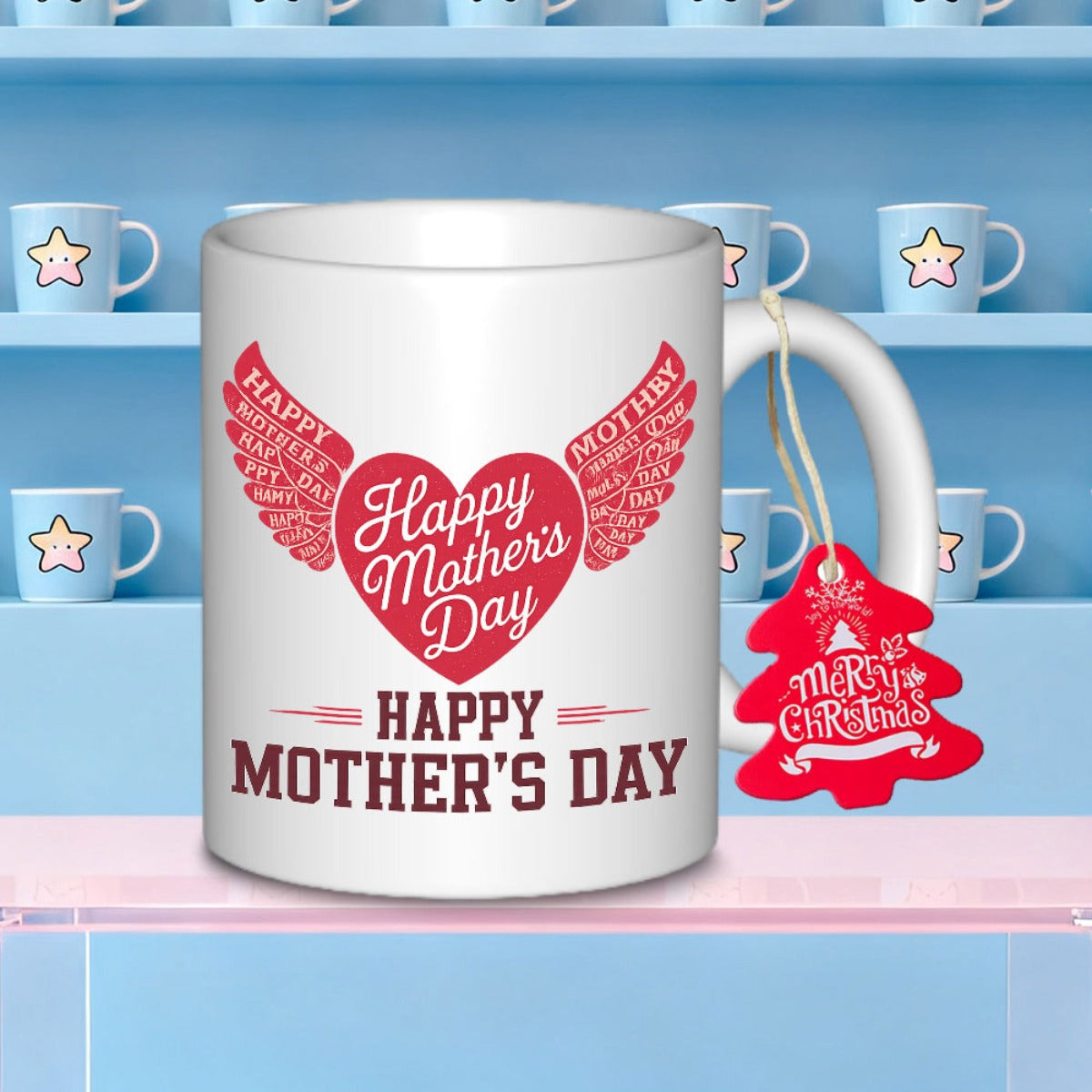 Tailorly White Ceramic 11 oz Mug - Happy Mothers Day With Angel Wings Embracing A Beautiful Red Symbolic Love Heart