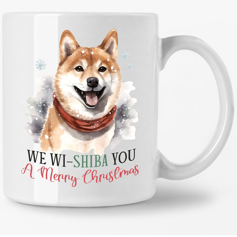 Tailorly White Ceramic 11 oz Mug - We Wi Shiba You A Merry Christmas Adorable Watercolor Dog Wearing Scarf Surrounded By Delicate Winter Snowflakes Shiba Inu