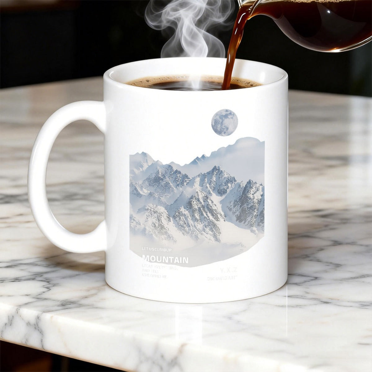 Tailorly White Ceramic 11 oz Mug - Mountain Majestic Snow Capped Peaks Under A Soft Blue Watercolor Moon Mountain