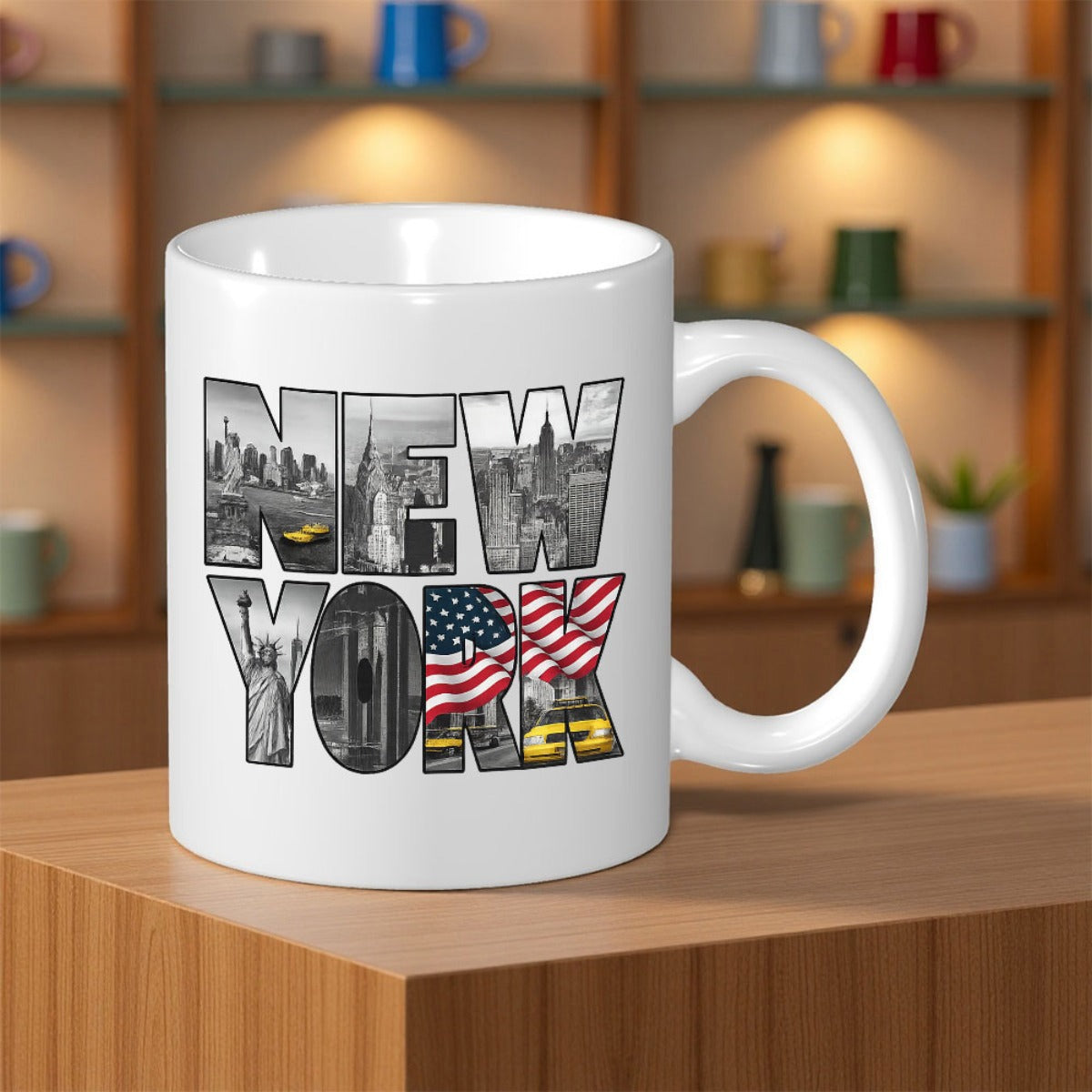 Tailorly White Ceramic 11 oz Mug - New York Iconic Urban Landscape Featuring The Statue Of Liberty And American Flag Skyline