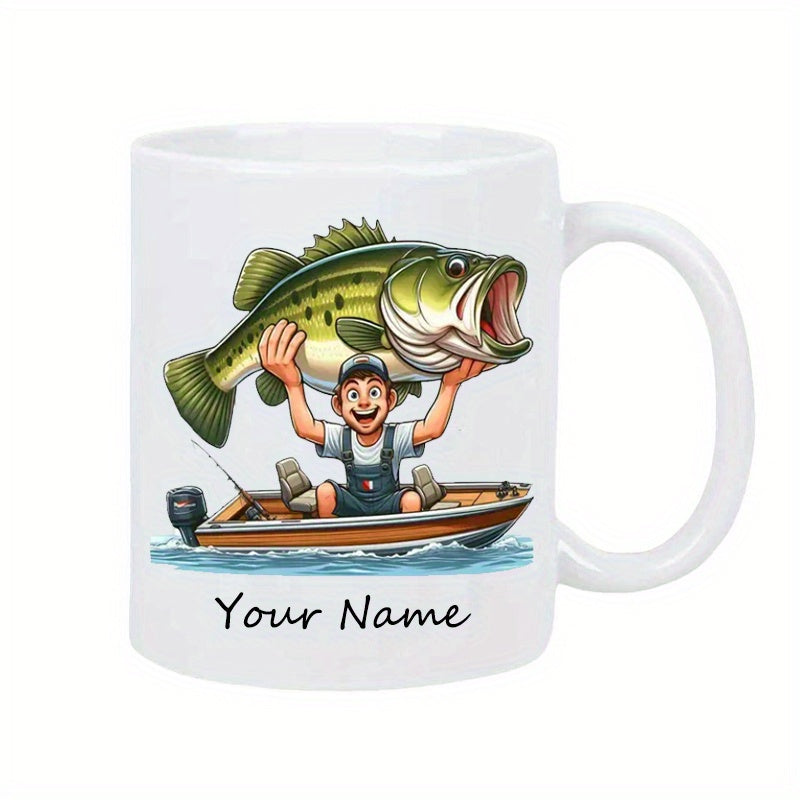 Tailorly White Ceramic 11 oz Mug - Your Name Joyful Fisherman Lifting A Massive Green Fish Over A Small Boat Bass
