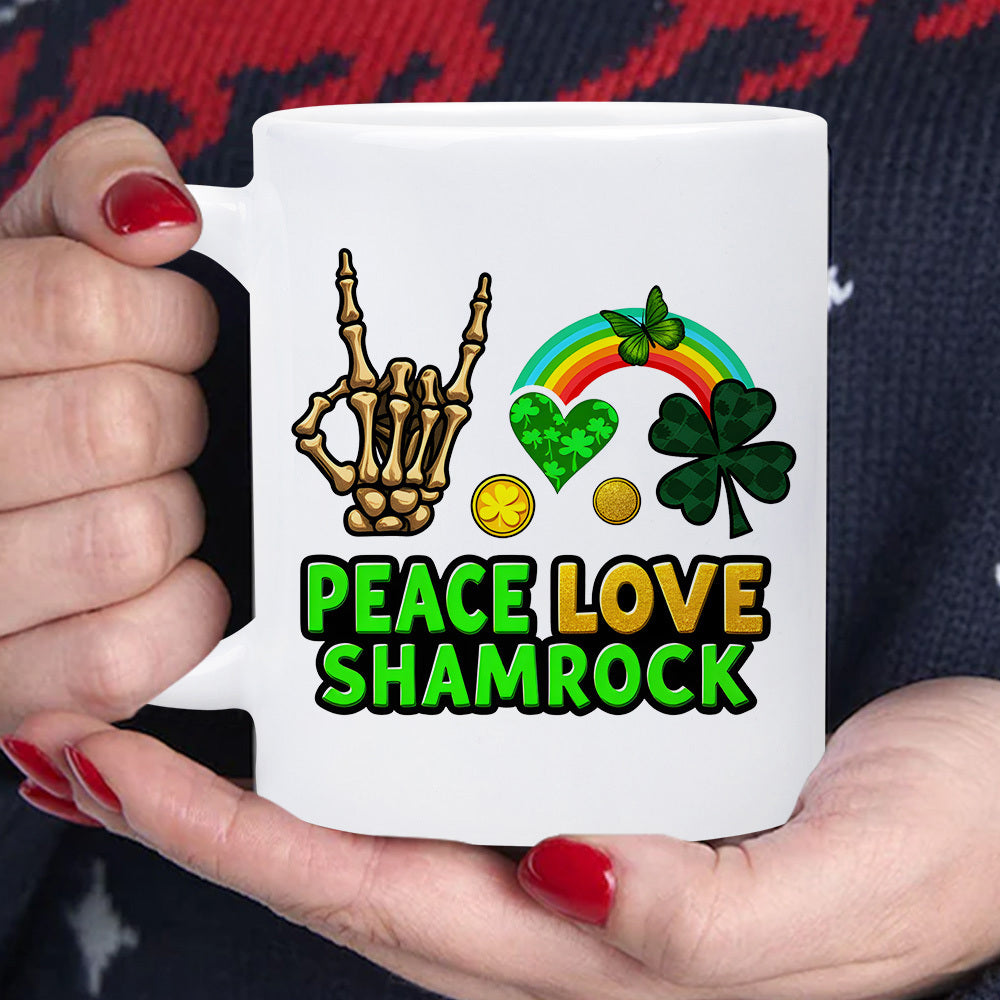 Tailorly White Ceramic 11 oz Mug - Peace Love Shamrock Festive St Patricks Day Graphic Featuring Skeleton Hand And Colorful Heart Shamrock