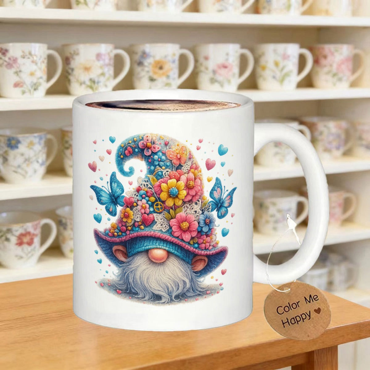 Tailorly White Ceramic 11 oz Mug - Color Me Happy Whimsical Garden Gnome Wearing A Floral Hat Surrounded By Dancing Blue Butterflies Gnome