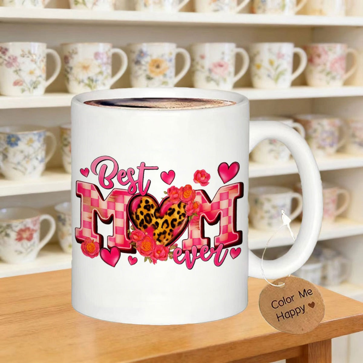 Tailorly White Ceramic 11 oz Mug - Best Mom Ever Pink Checkered Letters With Leopard Print Floral Accented Heart