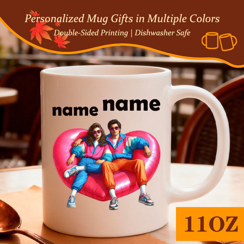 Tailorly White Ceramic 11 oz Mug - Name Name Retro Style Couple Sitting Comfortably On Large Vibrant Pink Heart Illustration Couple