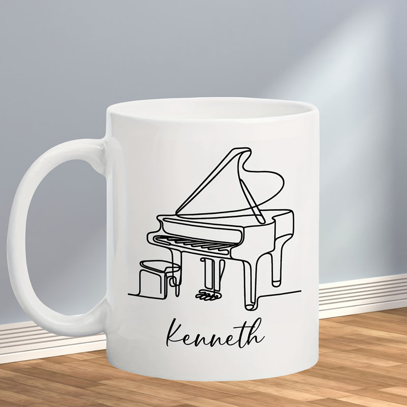 Tailorly White Ceramic 11 oz Mug - Kenneth Elegant Minimalist Black Line Art Illustration Of A Classical Musical Grand Piano