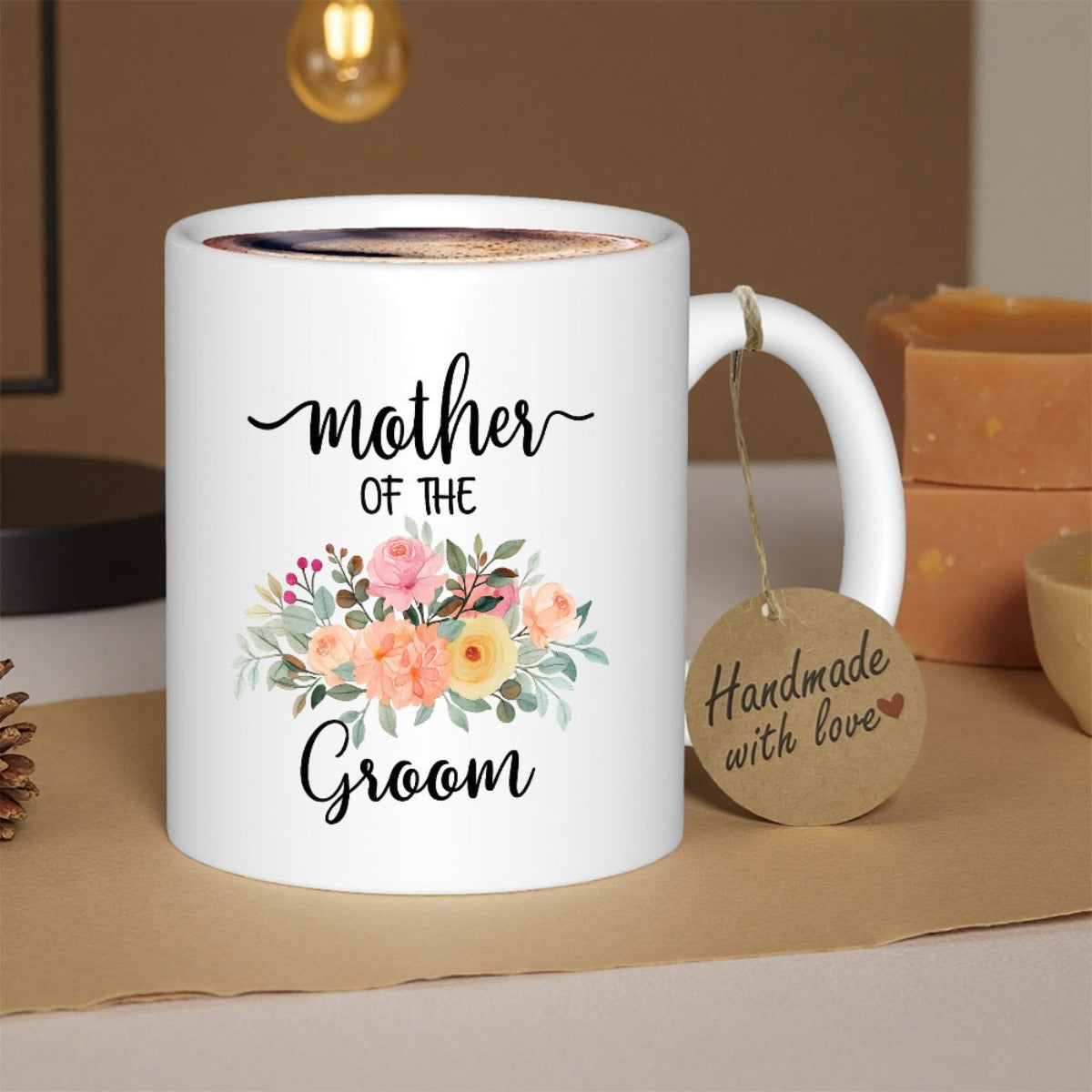 Tailorly White Ceramic 11 oz Mug - Mother Of The Groom Soft Watercolor Blooming Flowers With Delicate Green Leaves Arranged In Bouquet