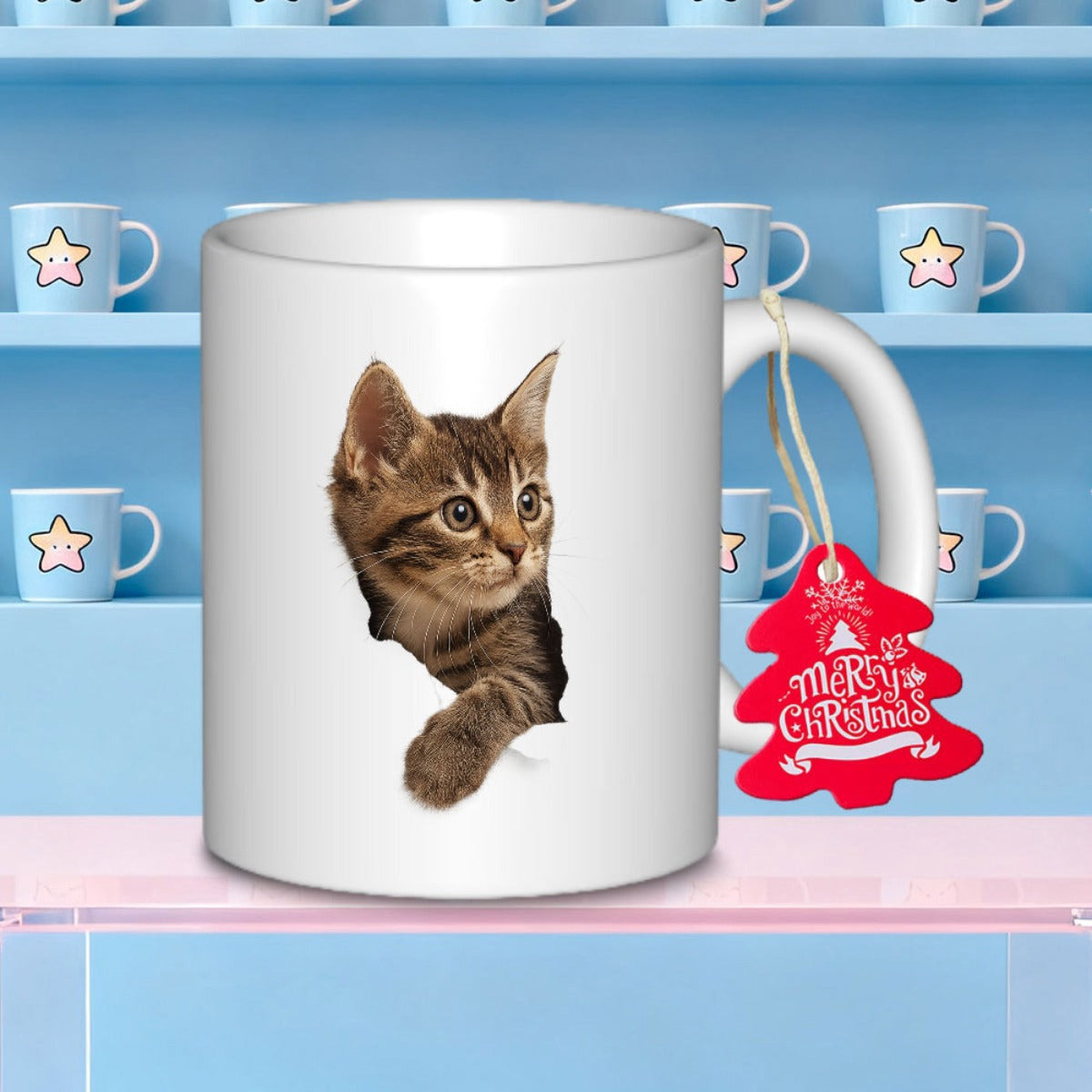 Tailorly White Ceramic 11 oz Mug - Merry Christmas Realistic Brown Tabby Kitten Peeking Through White Surface With Curiosity Cat