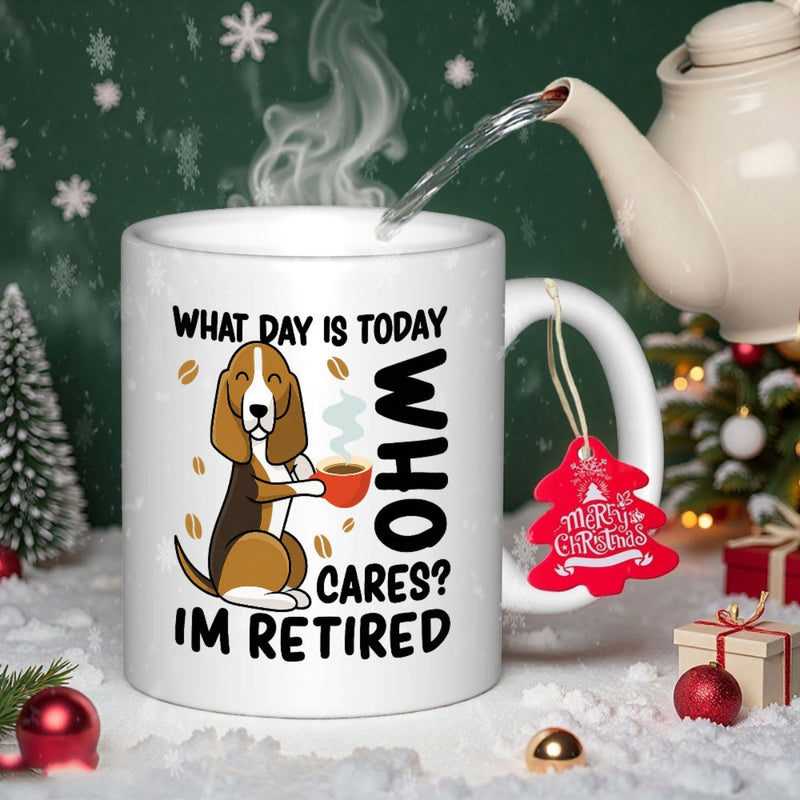 Tailorly White Ceramic 11 oz Mug - What Day Is Today Who Cares Im Retired Adorable Basset Hound Holding Steaming Cup Among Floating Brown Coffee Beans Dog