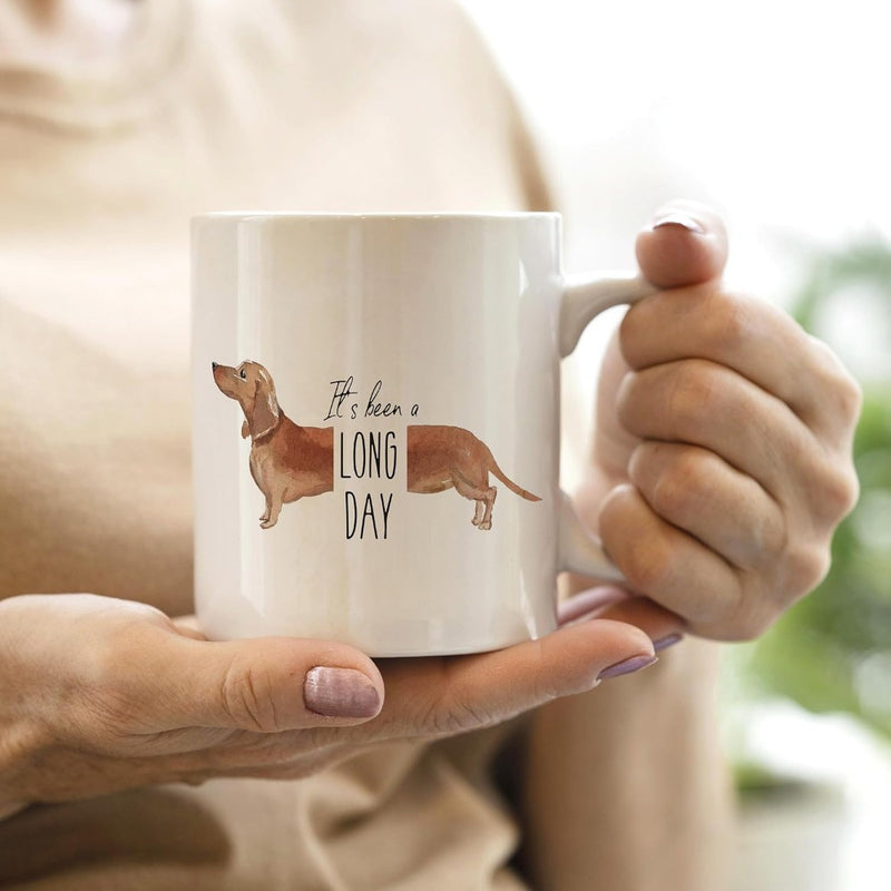 Tailorly White Ceramic 11 oz Mug - Its Been A Long Day Elongated Brown Wiener Dog Body Stretched Between Stylish Creative Typography Dachshund