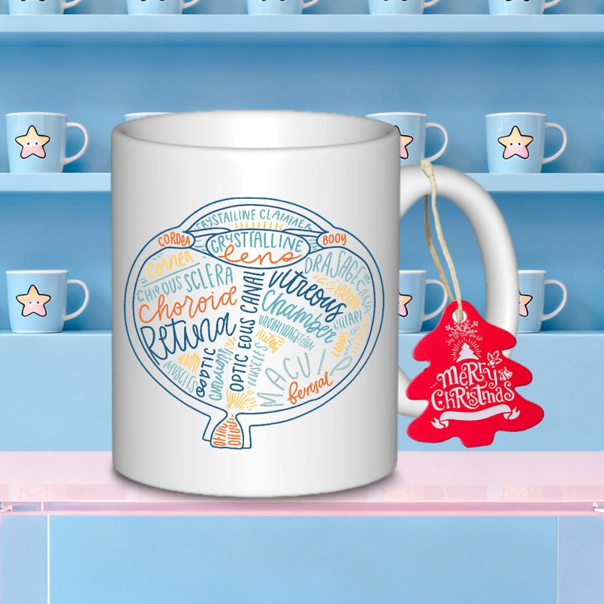 Tailorly White Ceramic 11 oz Mug - Choroid Retina Merry Christmas Stylized Eyeball Illustration With Anatomical Medical Terms In Word Cloud Eye