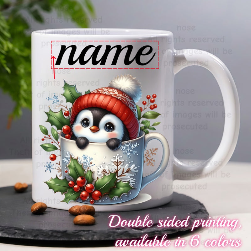 Tailorly White Ceramic 11 oz Mug - Name Adorable Baby Wearing Red Knitted Beanie Nestled Inside Festive Mug Penguin