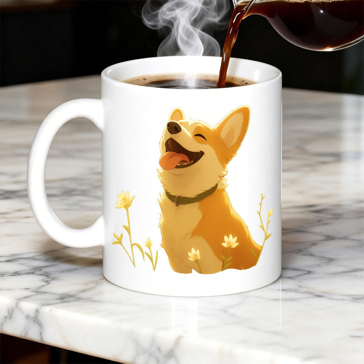 Tailorly White Ceramic 11 oz Mug - Happy Smiling Cartoon Dog Sitting Among Delicate Yellow Flowers Corgi