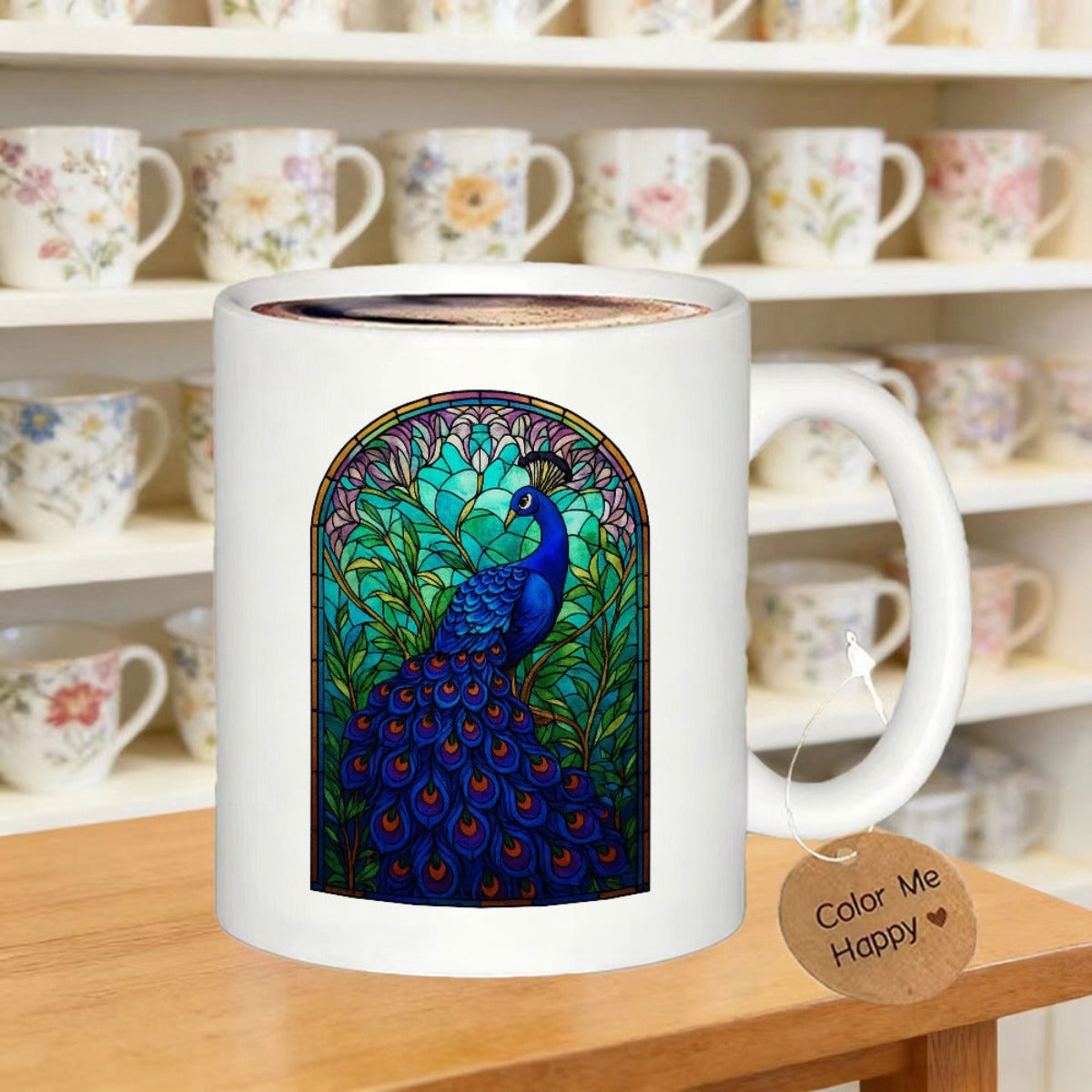 Tailorly White Ceramic 11 oz Mug - Majestic Stained Glass Design Featuring Vibrant Blue Feathers And Lush Green Foliage Peacock