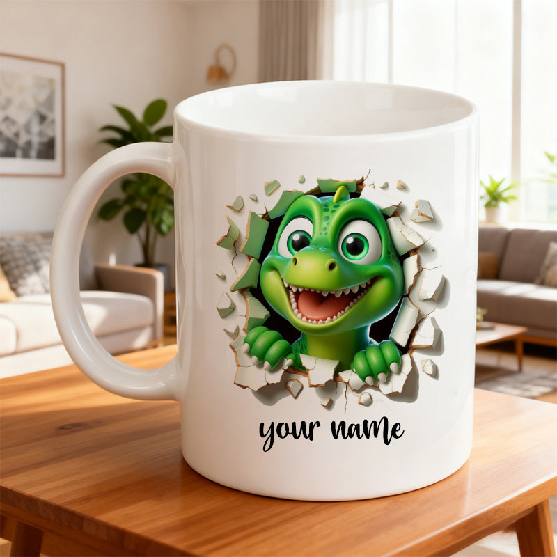 Tailorly White Ceramic 11 oz Mug - Your Name Vibrant Green Cartoon Dinosaur Peeking Through A Cracked White Wall Surface Dinosaur