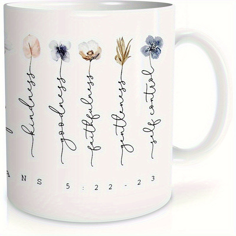 Tailorly White Ceramic 11 oz Mug - Kindness Goodness Faithfulness Gentleness Self Control Galatians Delicate Watercolor Blossoms Growing From Elegant Script Stem
