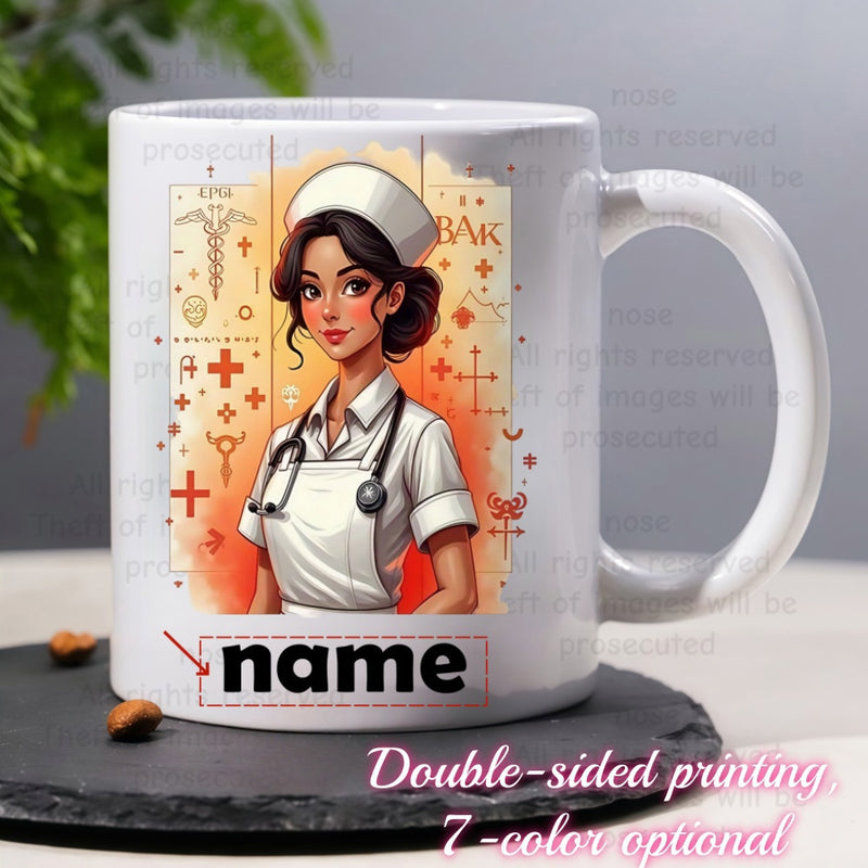 Tailorly White Ceramic 11 oz Mug - Name Professional Healthcare Hero With Stethoscope Among Traditional Medical Art Symbols Nurse