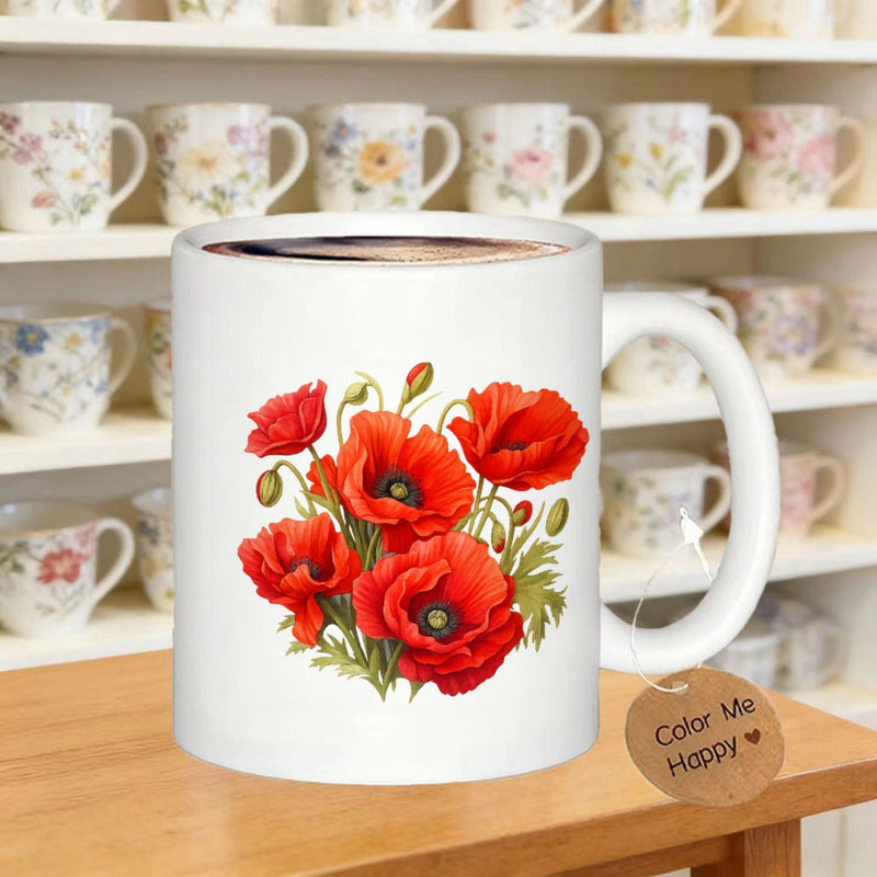 Tailorly White Ceramic 11 oz Mug - Elegant Vibrant Red Petals Among Delicate Green Leaves And Stems Poppy