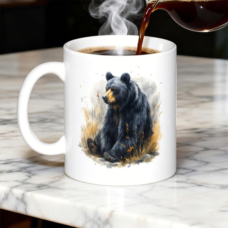 Tailorly White Ceramic 11 oz Mug - Hand Painted Watercolor Style Black Bear Resting Within Golden Meadow Bear