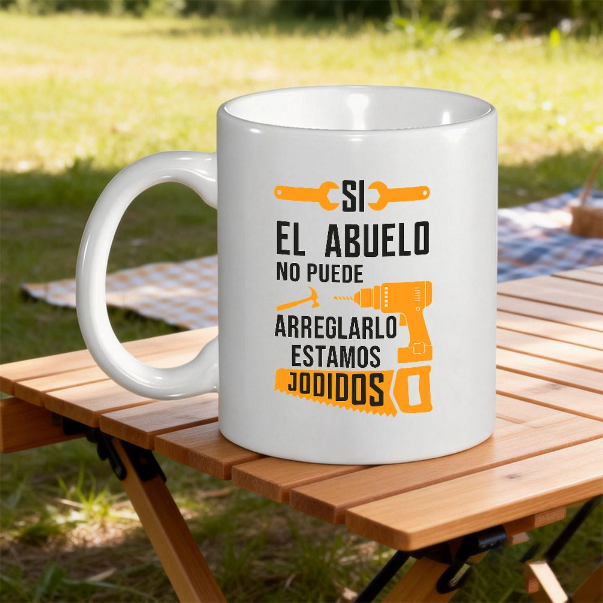 Tailorly White Ceramic 11 oz Mug - Sturdy Yellow Construction Equipment With Hand Saw And Workshop Power Drill