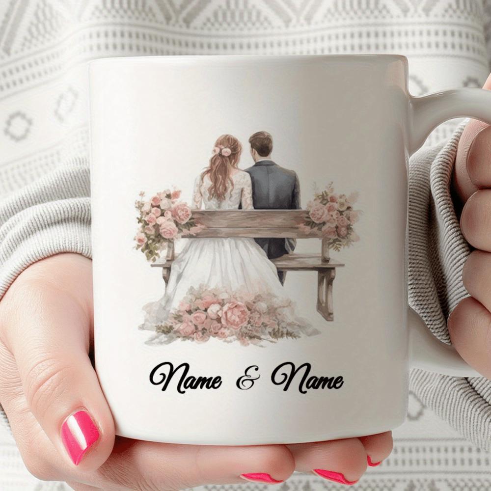 Tailorly White Ceramic 11 oz Mug - Name Name Elegant Wedding Couple Sitting On Wooden Bench With Pink Floral Roses Couple