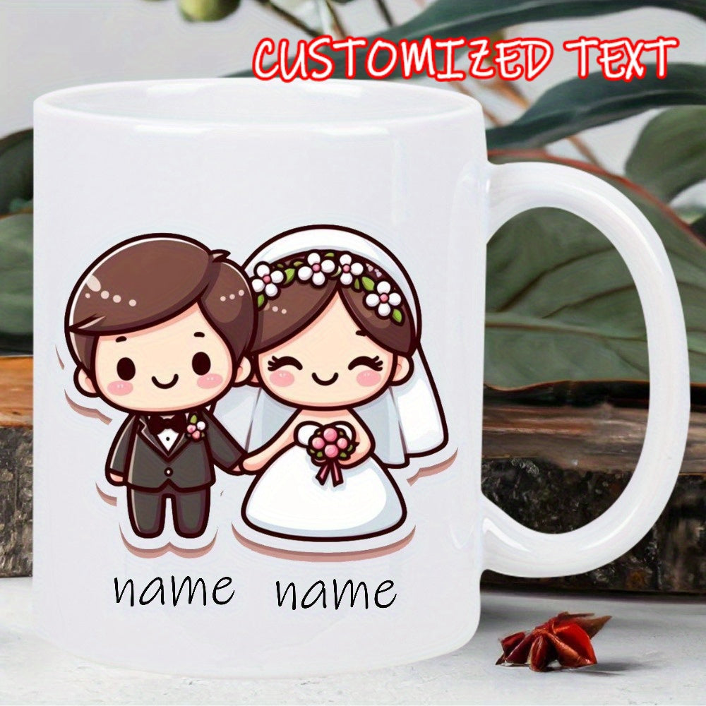 Tailorly White Ceramic 11 oz Mug - Customized Text Name Name Adorable Cartoon Wedding Couple Holding Hands Wearing Traditional White Bridal Gown Couple
