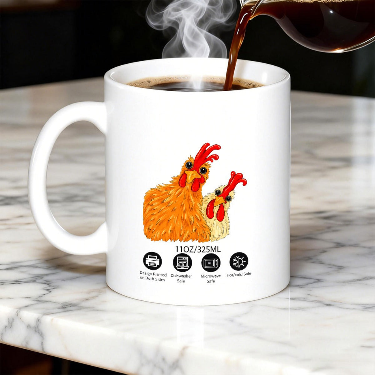 Tailorly White Ceramic 11 oz Mug - Curious Hand Drawn Style Orange Farm Birds Among Minimal White Space Chickens