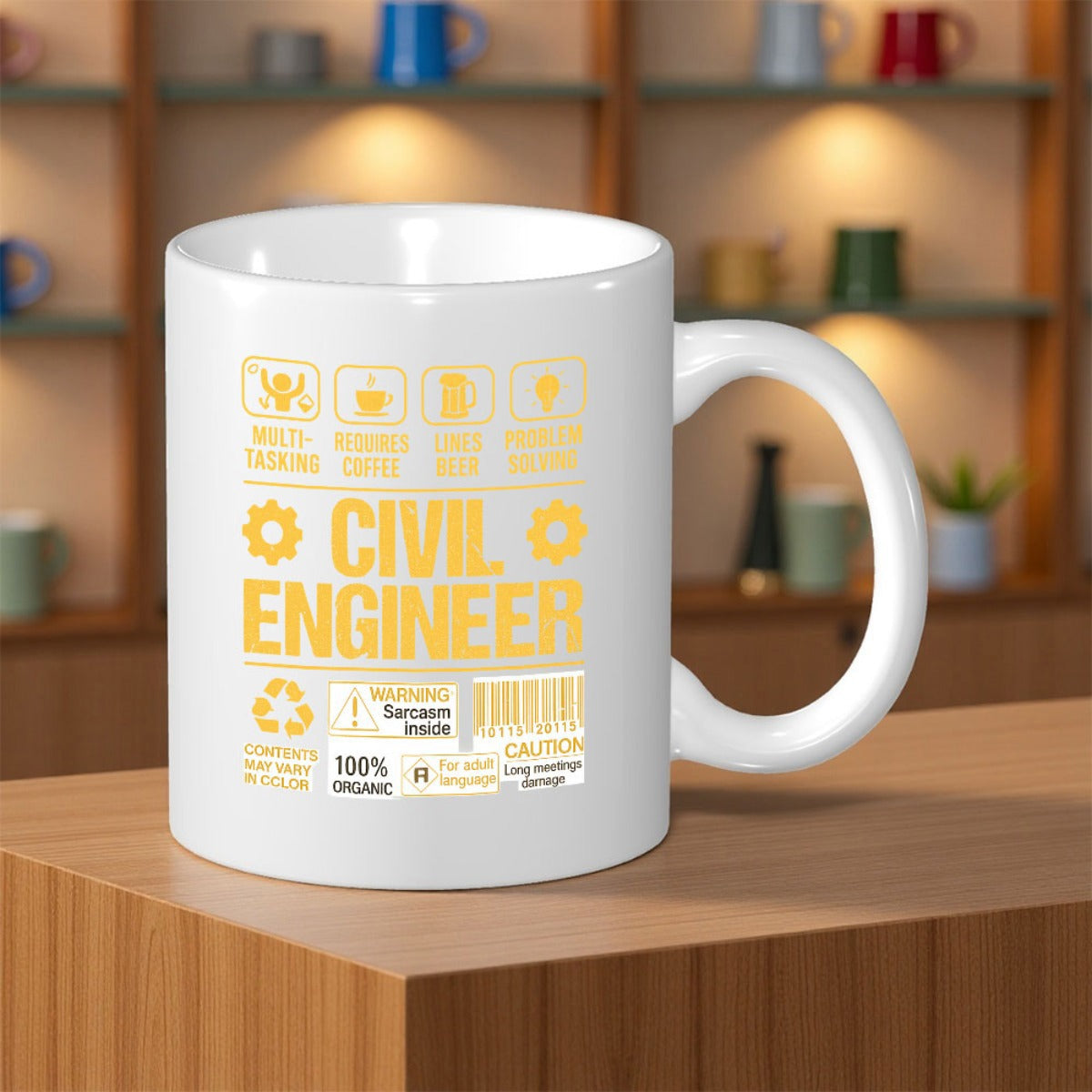 Tailorly White Ceramic 11 oz Mug - Civil Engineer Multi Tasking Passion For Coffee 100% Organic Caution Warning Functional Layout Featuring Industrial Gear Icons