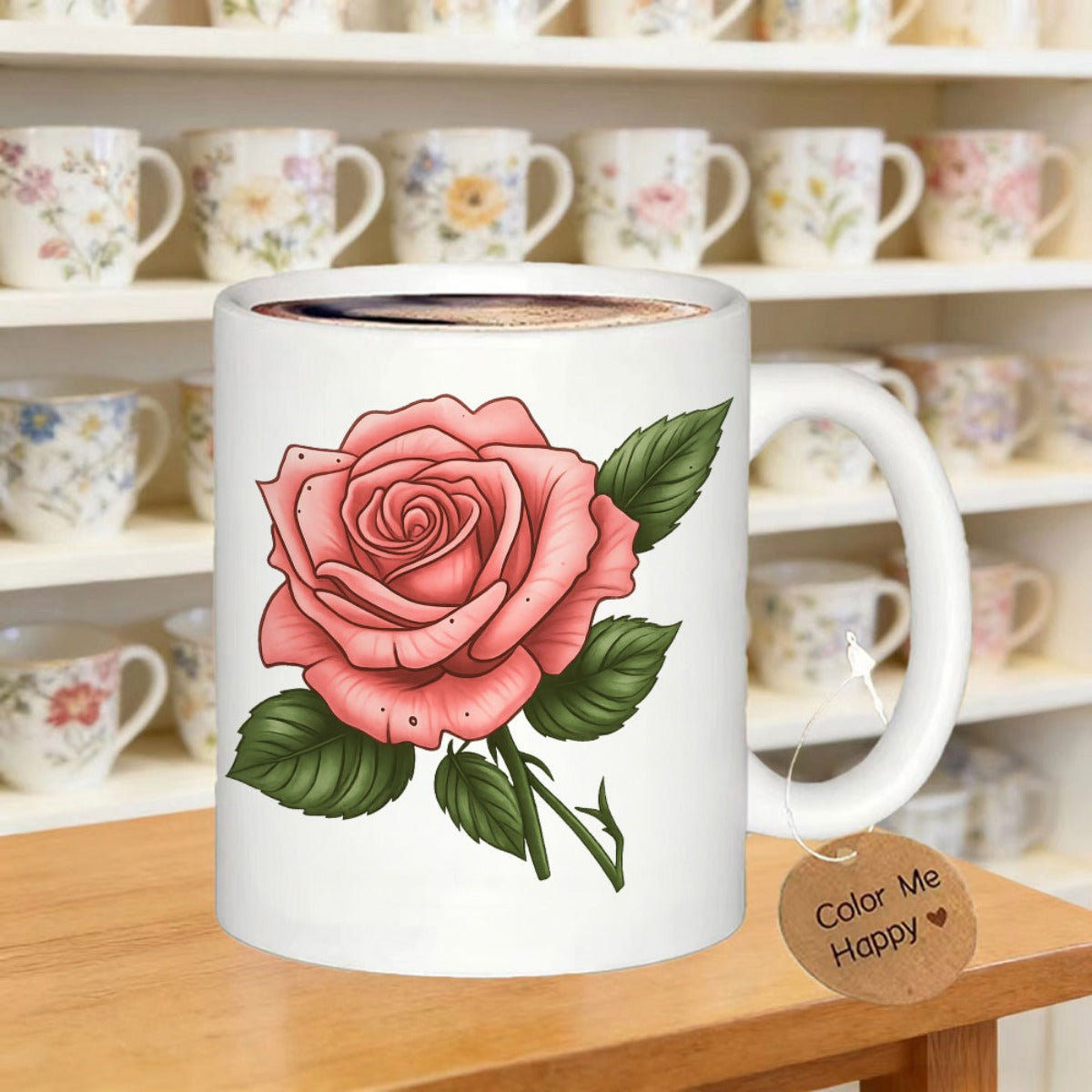 Tailorly White Ceramic 11 oz Mug - Color Me Happy Vibrant Pink Rose Blooming With Detailed Green Leaves And Thorny Stem Rose