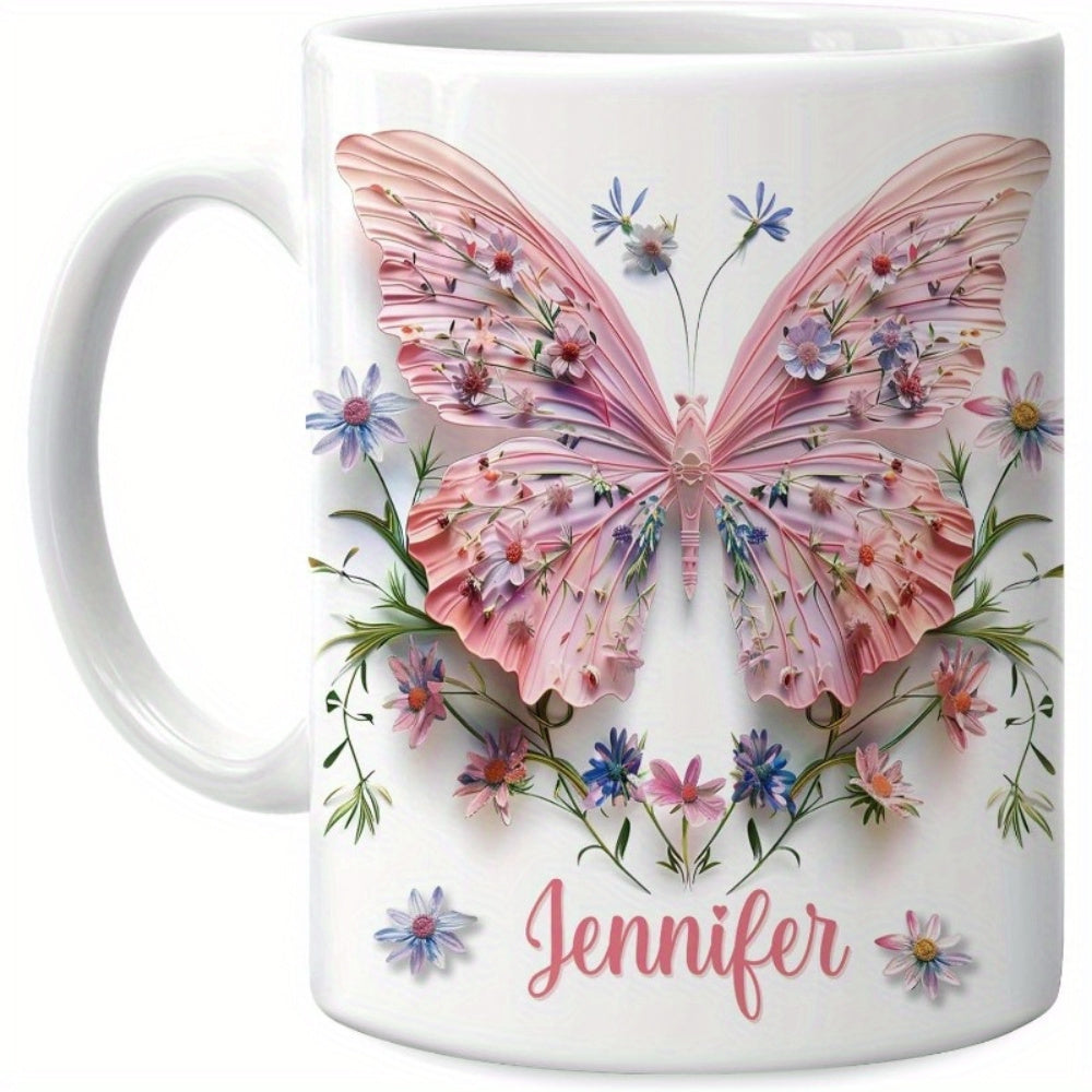 Tailorly White Ceramic 11 oz Mug - Jennifer Ornate Pink Wings Among Delicate Wildflowers With Artistic Floral Details Butterfly