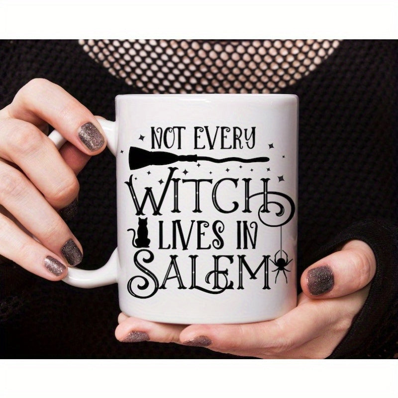 Tailorly White Ceramic 11 oz Mug - Not Every Witch Lives In Salem Mystical Black Silhouette Broomstick With Witchy Cat And Hanging Spider Mug