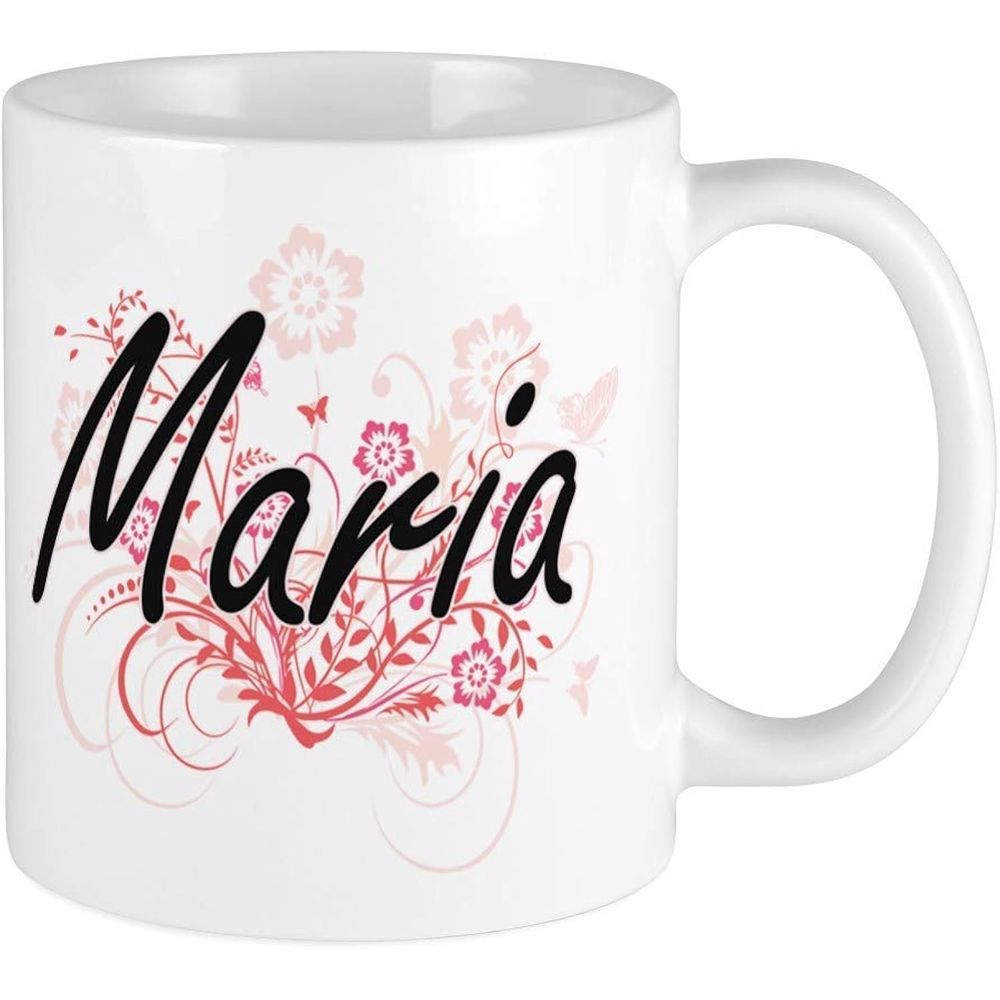 Tailorly White Ceramic 11 oz Mug - Maria Elegant Pink Floral Flourishes With Delicate Butterflies Dancing Among Swirling Vines Mug