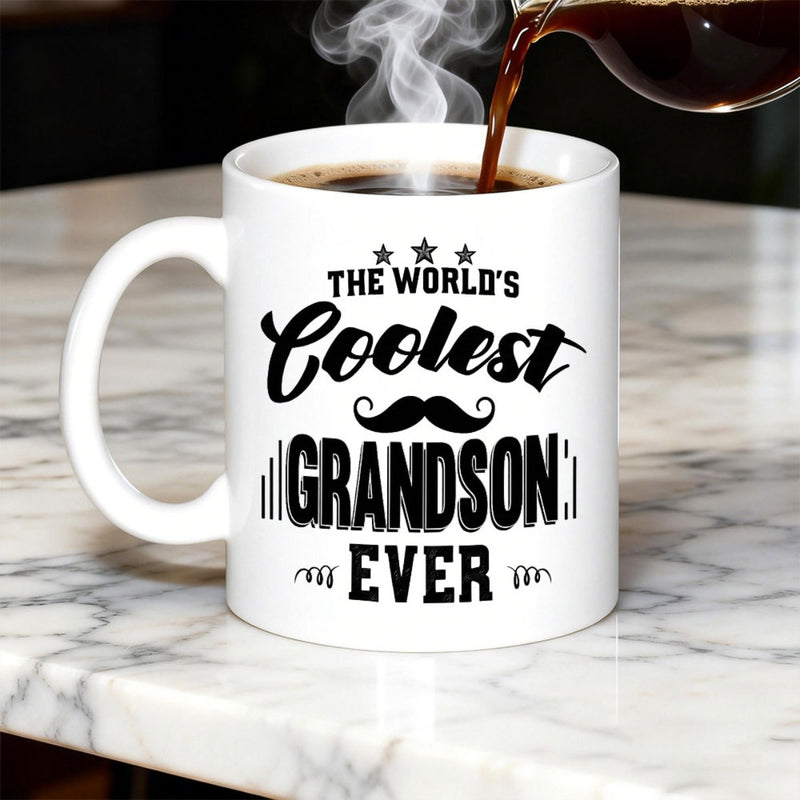 Tailorly White Ceramic 11 oz Mug - The Worlds Coolest Grandson Ever Decorative Black Typography Featuring Three Stars And A Playful Moustache Mug