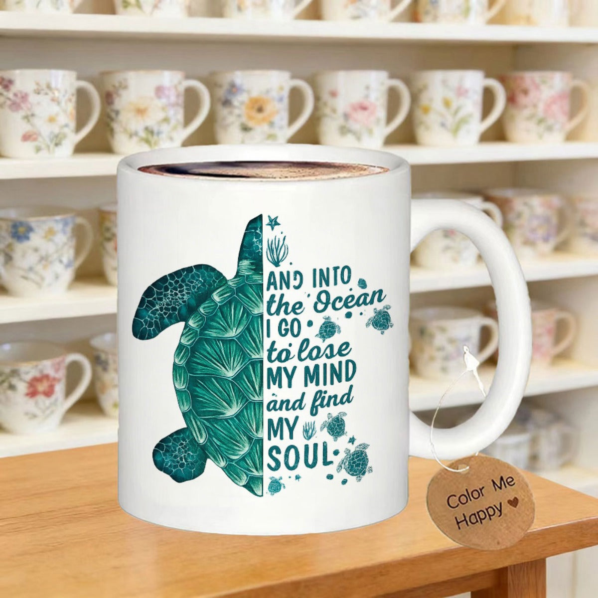 Tailorly White Ceramic 11 oz Mug - And Into The Ocean I Go To Lose My Mind And Find My Soul Artistic Split Design Featuring Emerald Green Shell With Intricate