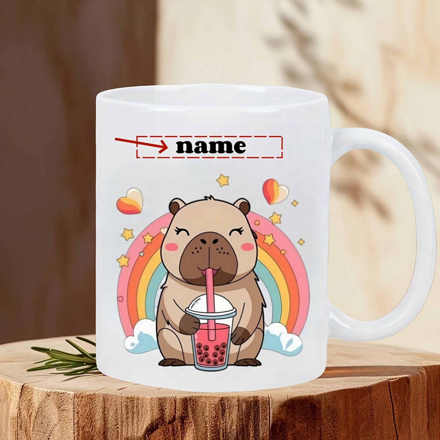 Tailorly White Ceramic 11 oz Mug - Name Cute Cartoon Animal Drinking Boba Tea In Front Of Colorful Rainbow Capybara