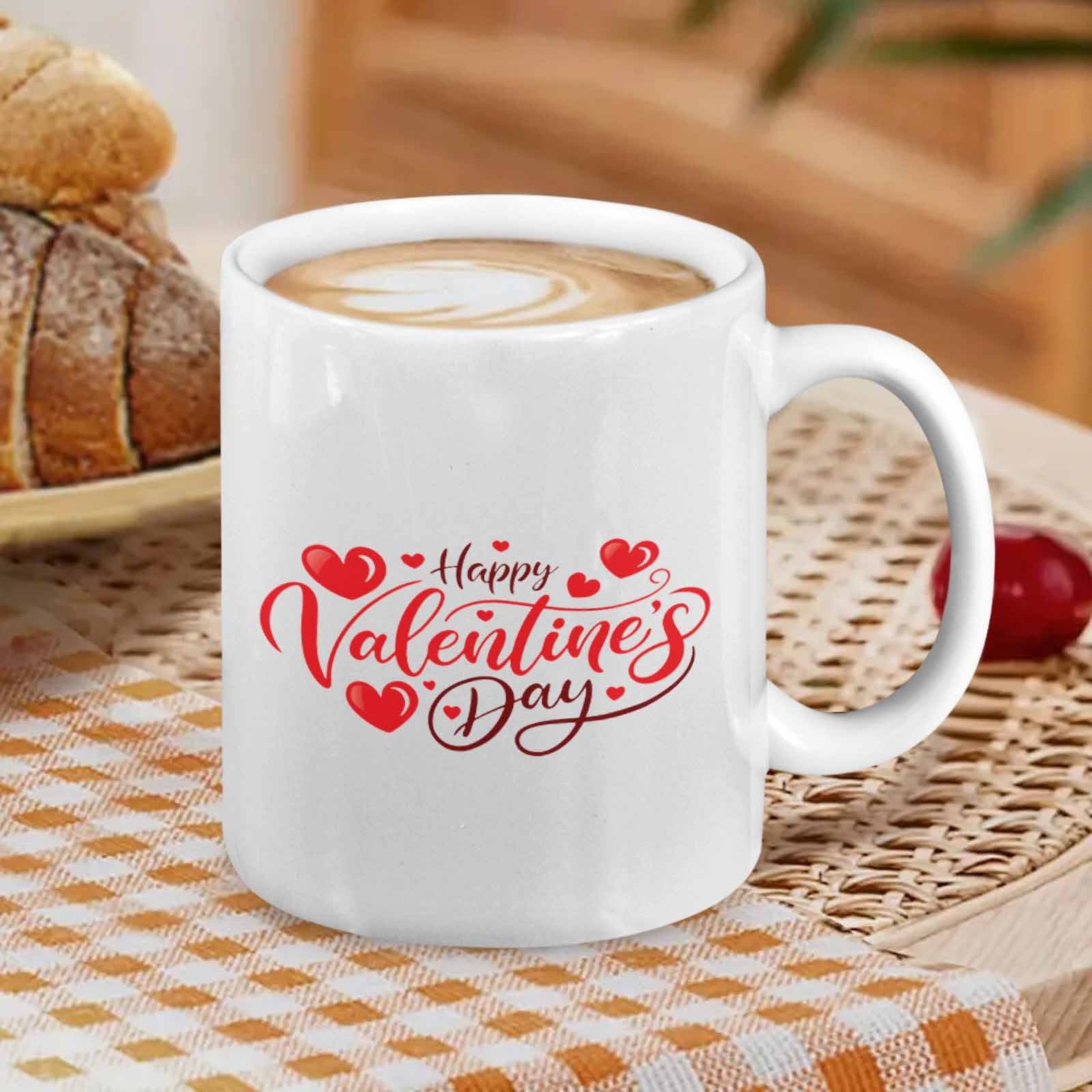 Tailorly White Ceramic 11 oz Mug - Happy Valentines Day Elegant Script Typography With Floating Red Love Symbols And Artistic Swirls Heart
