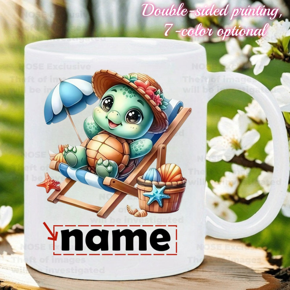 Tailorly White Ceramic 11 oz Mug - Name Adorable Little Turtle Wearing Straw Hat Relaxing On Beach Chair Beside Umbrella Turtle