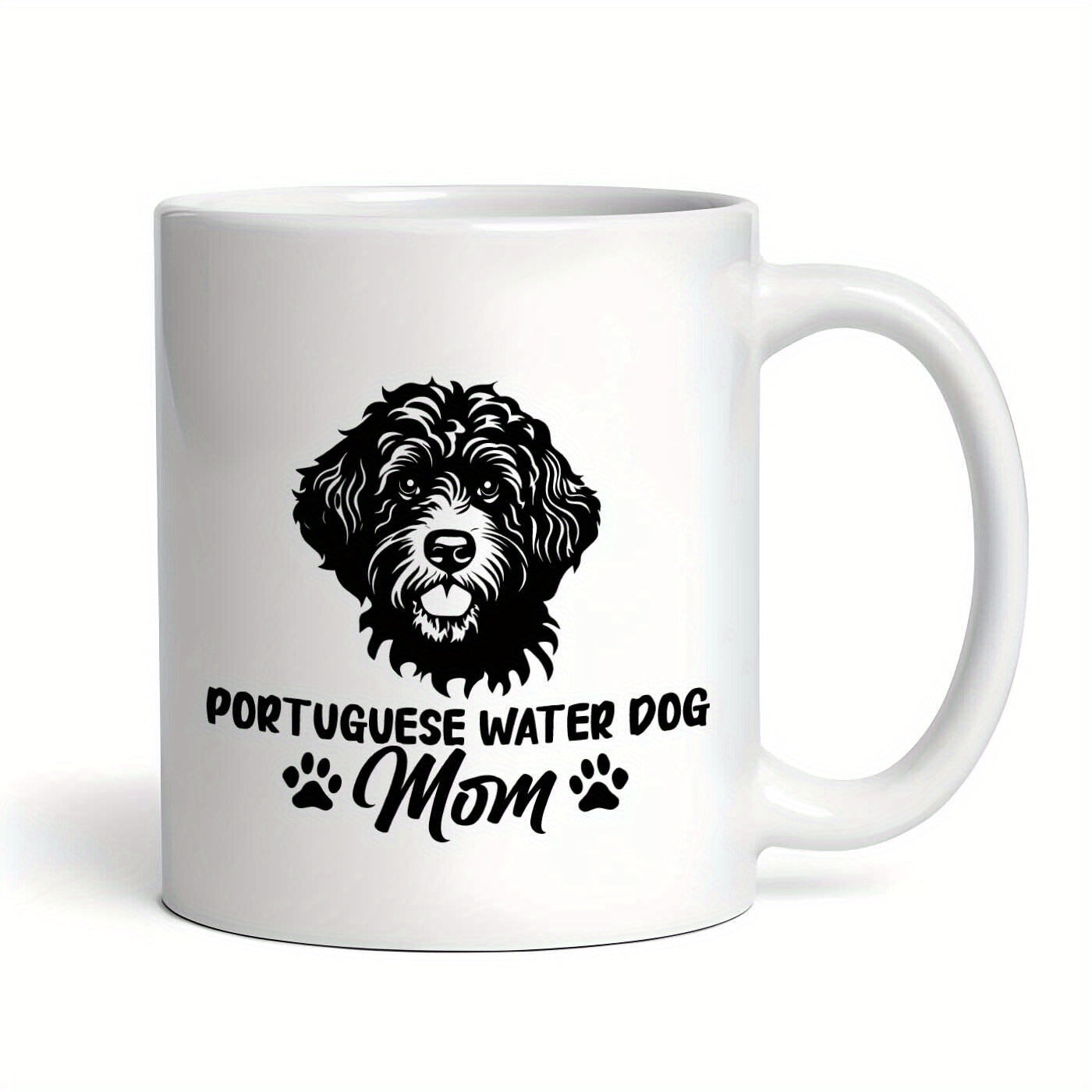 Tailorly White Ceramic 11 oz Mug - Portuguese Water Dog Mom Detailed Artistic Black Ink Illustration Of A Curly Furry Pet Dog