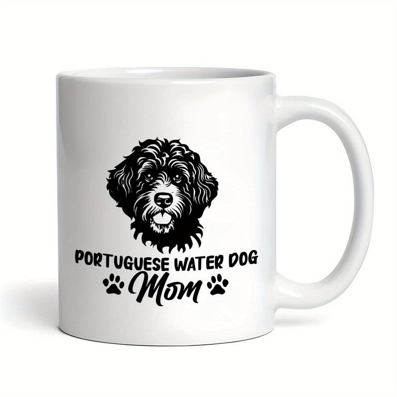 Tailorly White Ceramic 11 oz Mug - Portuguese Water Dog Mom Detailed Artistic Black Ink Illustration Of A Curly Furry Pet Dog