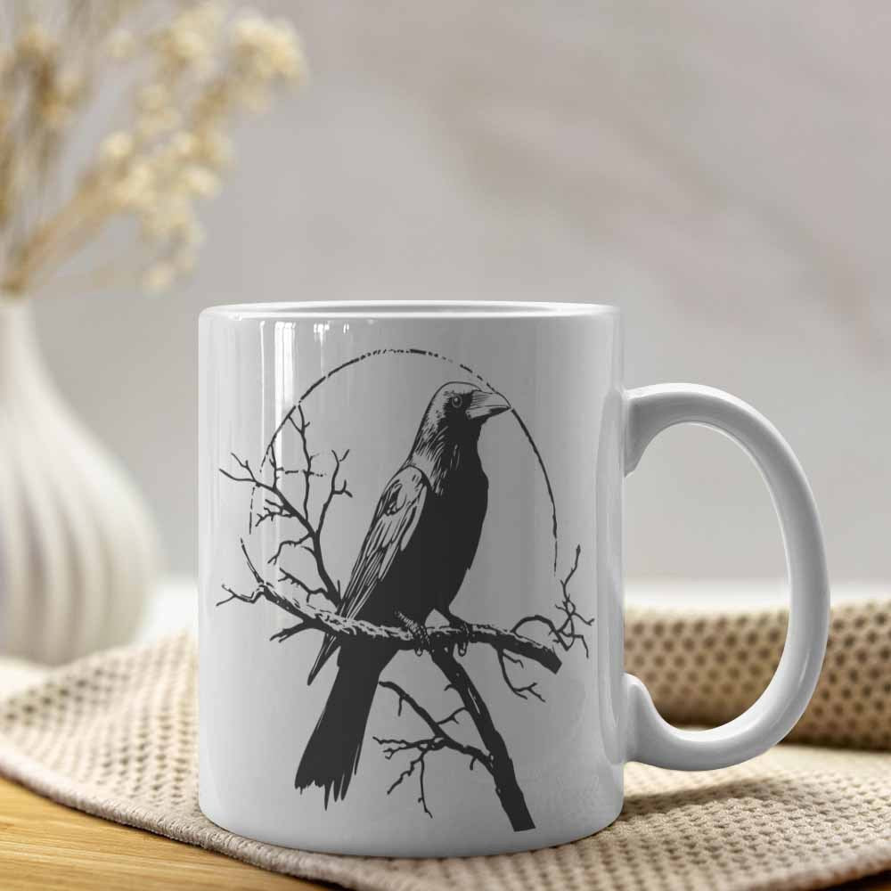 Tailorly White Ceramic 11 oz Mug - Mysterious Dark Silhouette Perched On Bare Withered Winter Tree Branches Raven