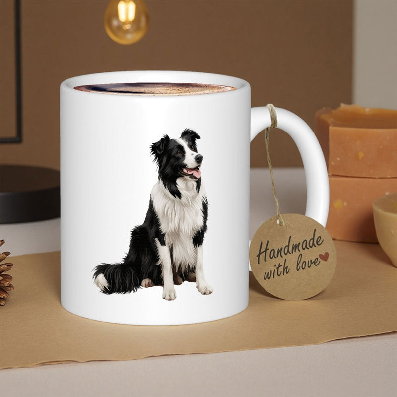 Tailorly White Ceramic 11 oz Mug - Loyal Black And White Border Collie Sitting Gracefully In Alert Posture Dog