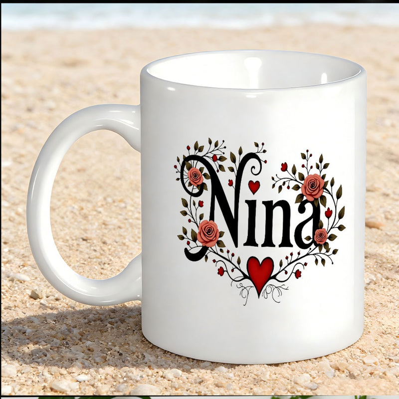 Tailorly White Ceramic 11 oz Mug - Nina Elegant Heart Shaped Floral Vines With Romantic Red Roses Rose