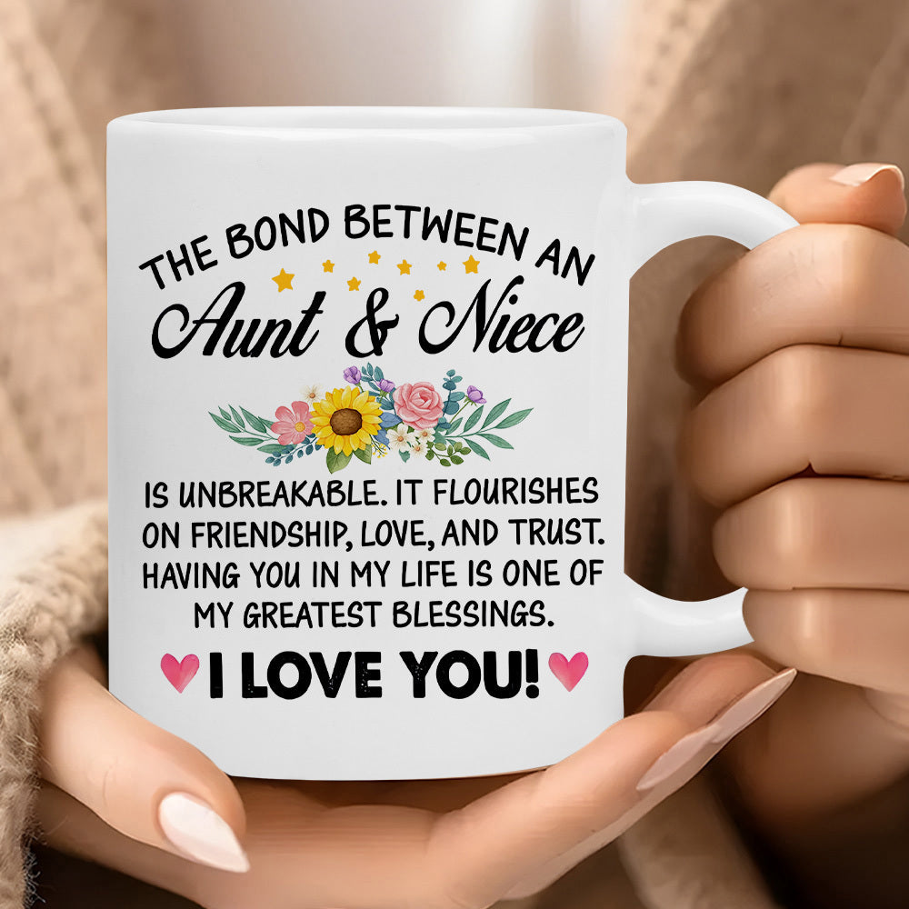 Tailorly White Ceramic 11 oz Mug - The Bond Between An Aunt Niece Vibrant Sunflower With Delicate Roses And Golden Stars Among Hearts Mug