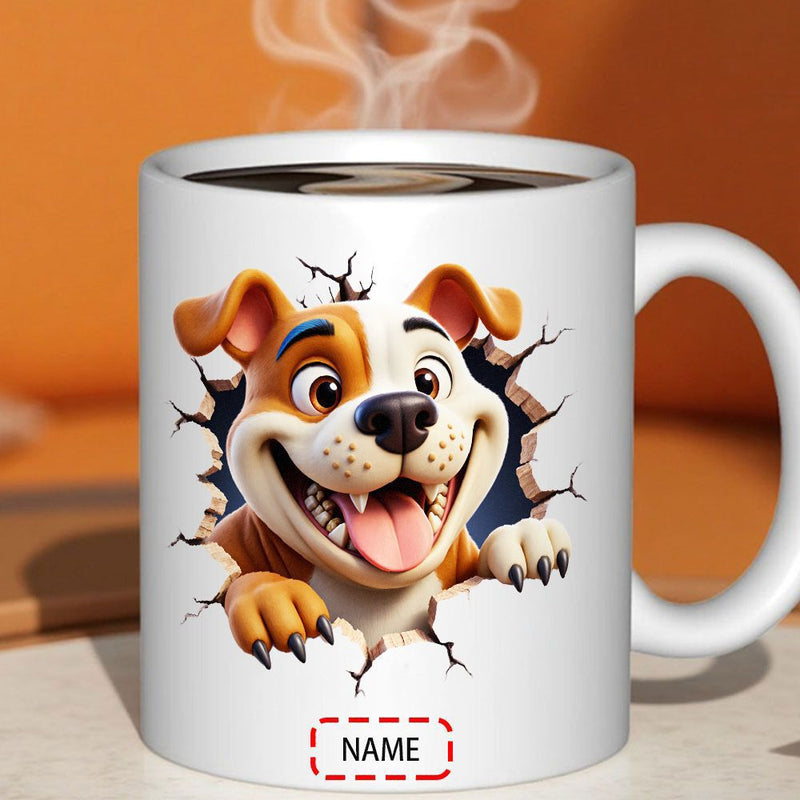 Tailorly White Ceramic 11 oz Mug - Name Friendly Cartoon Puppy Bursting Through A Realistic Cracked Brick Wall Dog