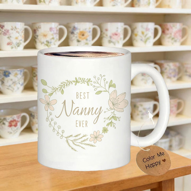 Tailorly White Ceramic 11 oz Mug - Best Nanny Ever Delicate Hand Painted Botanical Foliage With Soft Pastel Petals Wreath