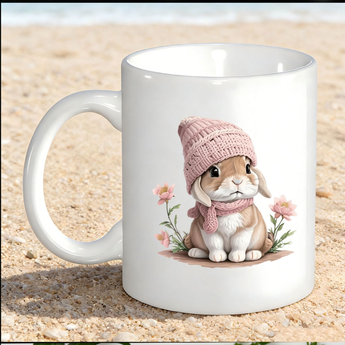 Tailorly White Ceramic 11 oz Mug - Cute Brown Rabbit Wearing Pink Knitted Hat And Scarf Among Flowers Rabbit