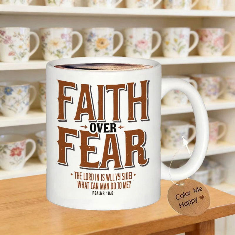 Tailorly White Ceramic 11 oz Mug - Faith Over Fear Vintage Western Style Typography Featuring Inspirational Religious Scripture Verse Mug